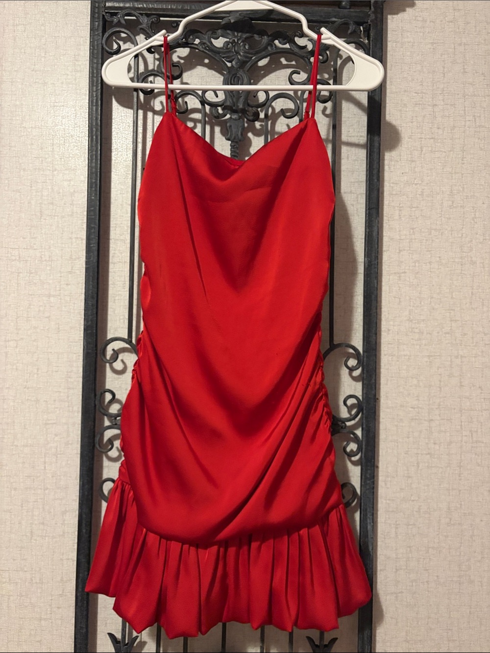 Cotton Candy Red Satin Cowl-Neck Mini Dress with Ruffle Hem